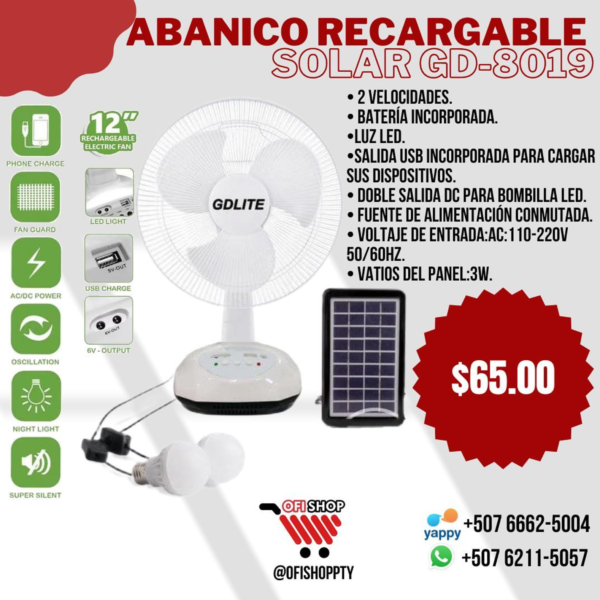 Abanico Recargable Solar GD-8019